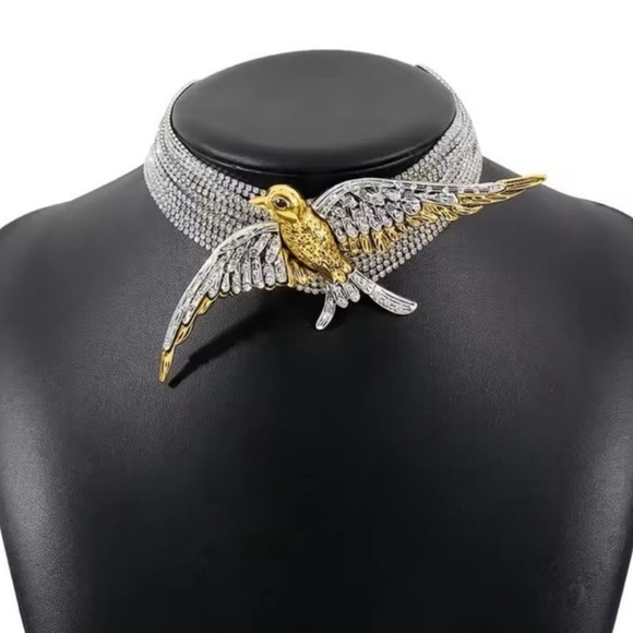 Swallow Crystal Bird Silver Choker Necklace - Picture 2 of 7